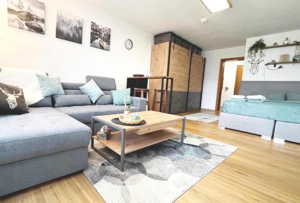 ein Wohnzimmer mit einem Sofa und einem Tisch in der Unterkunft Moderne, 1-Zimmer Ferienwohnung mit Bergblick in Oy-Mittelberg