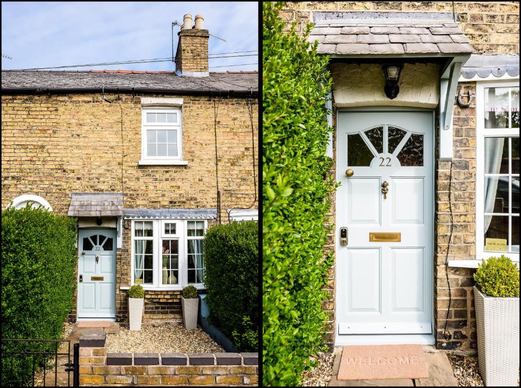 two pictures of a brick house with a white door at Laurel Cottage in Lincolnshire