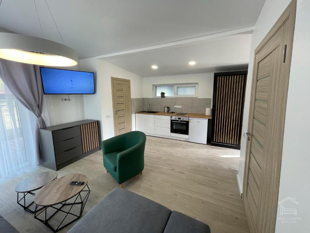 a living room with a couch and a table at Apartamentai Biržuose, Cozy Modern Bungalows in Biržai