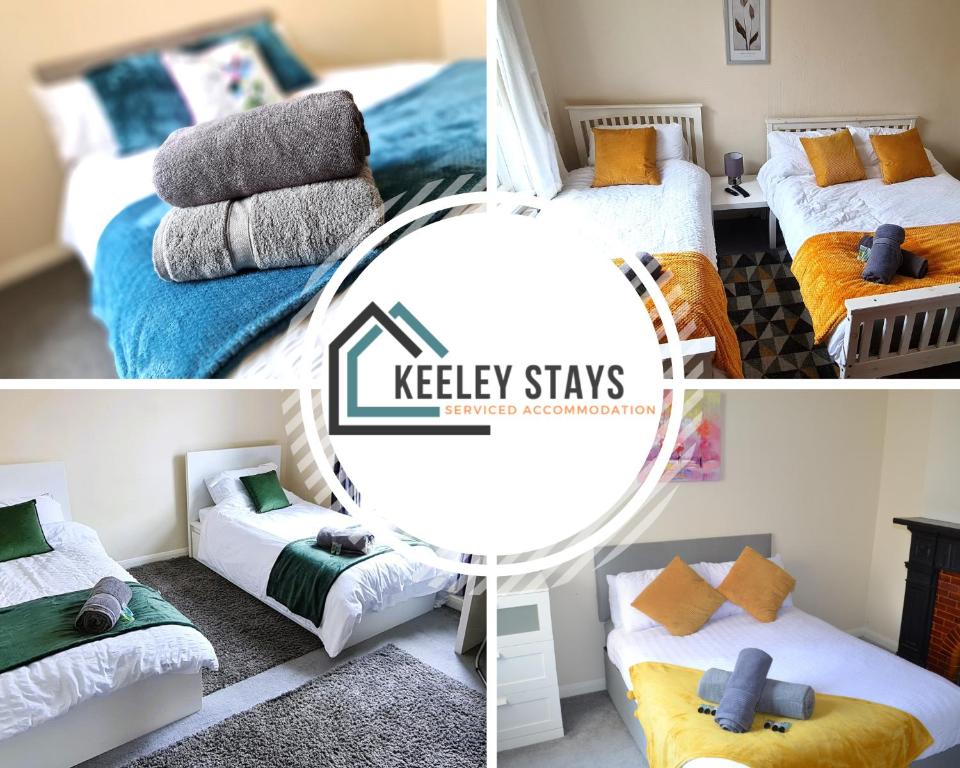 a collage of four pictures of a bedroom at Ruby Retreat - Entire House - WiFi - 4 Bed - Garden - Maidstone Town in Maidstone