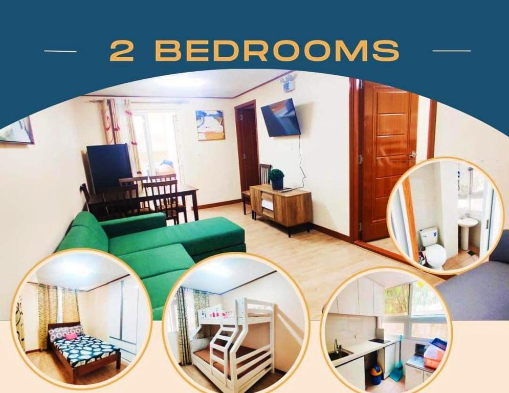 drie foto's van een woonkamer met twee ronde spiegels bij Zenmist Properties- 2 Bedroom Deluxe in Baguio