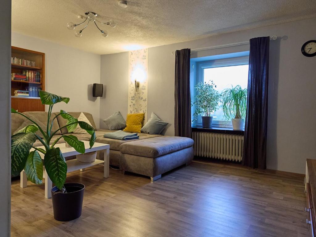 - un salon avec un canapé et une fenêtre dans l'établissement Ferienwohnung Grüner Flamingo, à Freisen