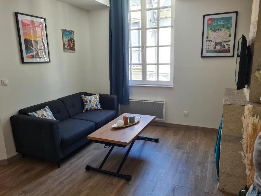 ein Wohnzimmer mit einem Sofa und einem Couchtisch in der Unterkunft Saumur centre : appartement entièrement rénové. in Saumur