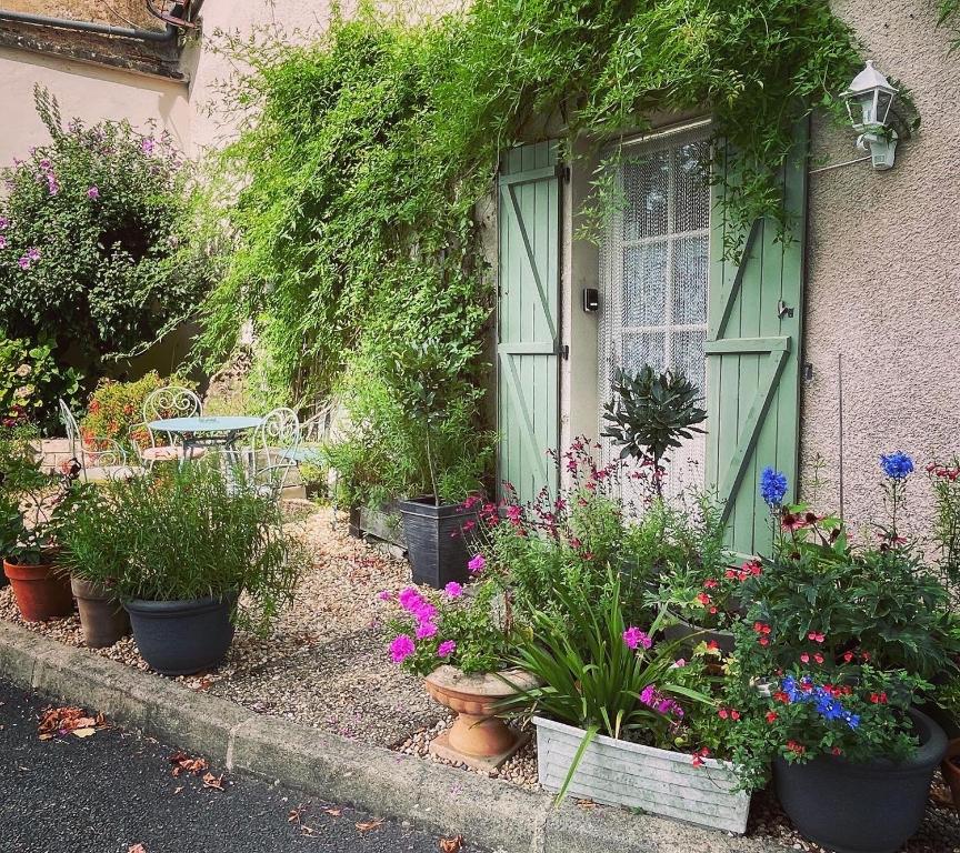 LʼIsle-JourdainにあるMaison La Roche Giteの緑の扉と植物の集まる家