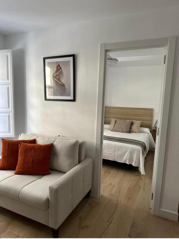 a living room with a couch and a bed at Apartamentos La Hormiga Deluxe in Adra