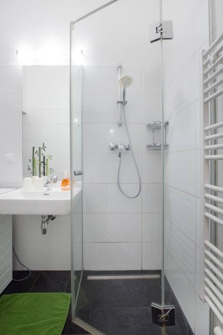 a bathroom with a glass shower and a sink at Relax Apartment Vienna City Center in Vienna