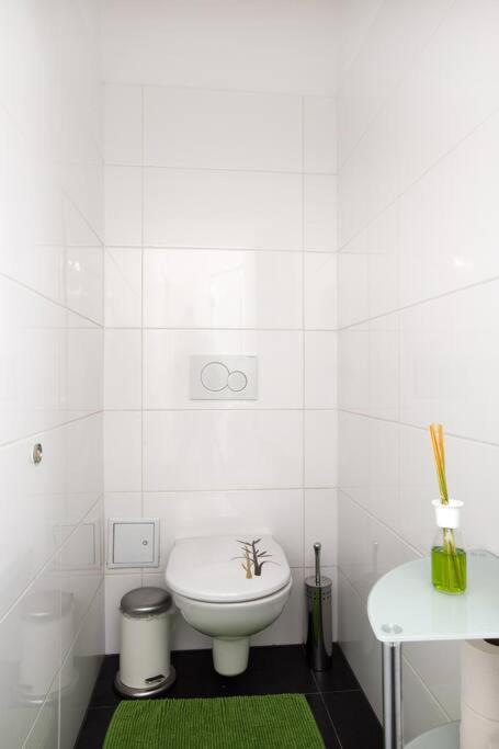 a white bathroom with a toilet and a green rug at Relax Apartment Vienna City Center in Vienna