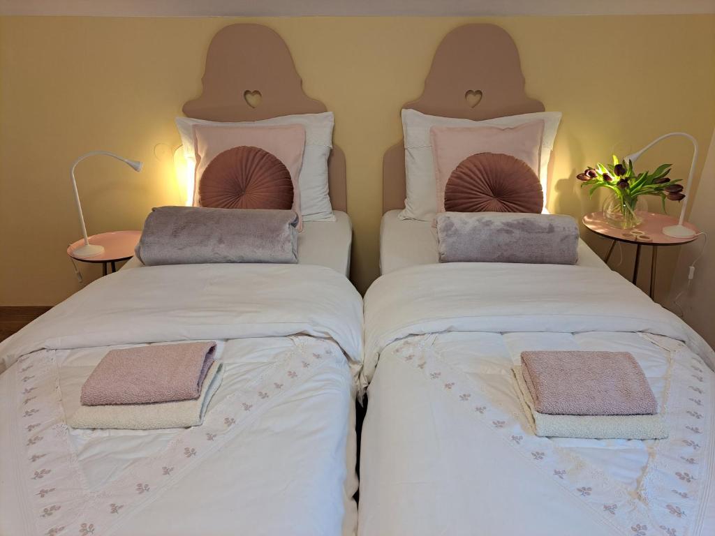 two beds sitting next to each other in a room at Room Art&deco in Bled