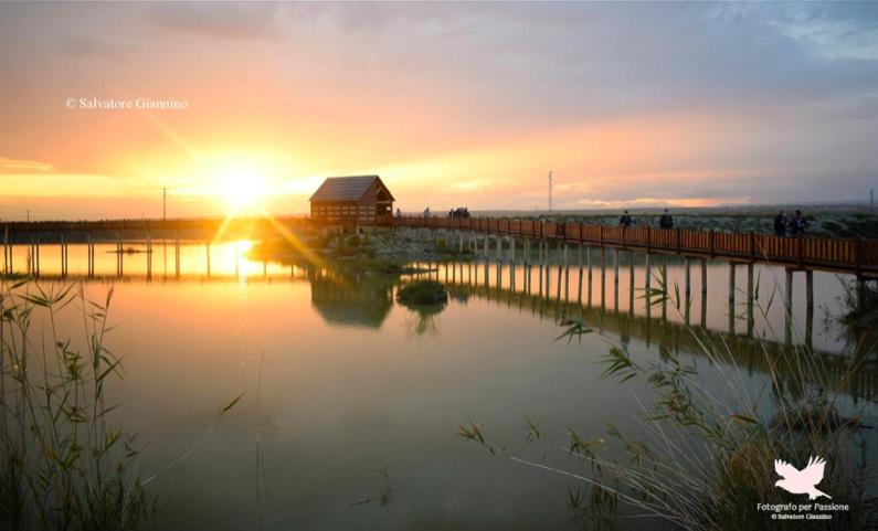 un tramonto su un lago con ponte e un edificio di Casa caretta caretta a Manfredonia