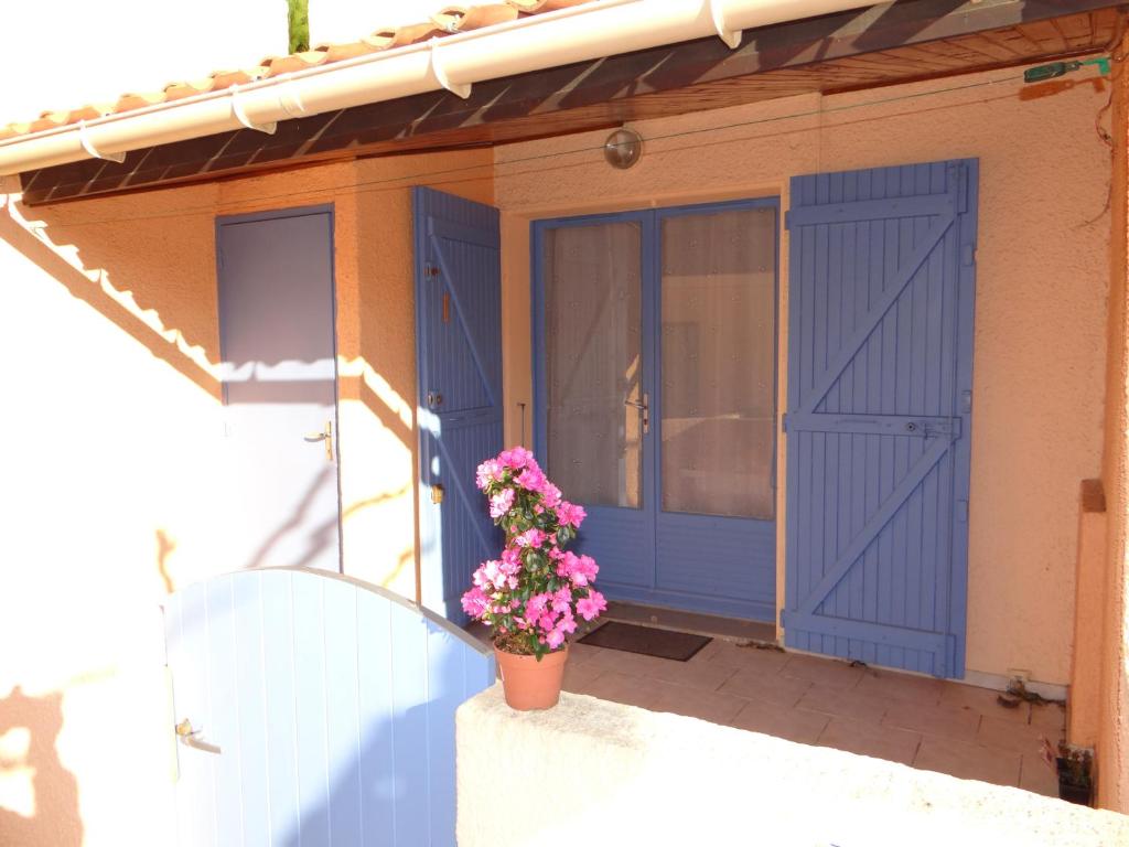 une porte bleue avec un pot de fleurs sur un porche dans l'établissement Charmant T2 en bord de mer, au Barcarès