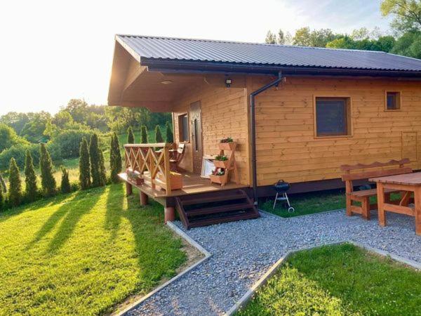 eine kleine Holzhütte mit einem Picknicktisch im Hof in der Unterkunft Czeleniówka in Solina