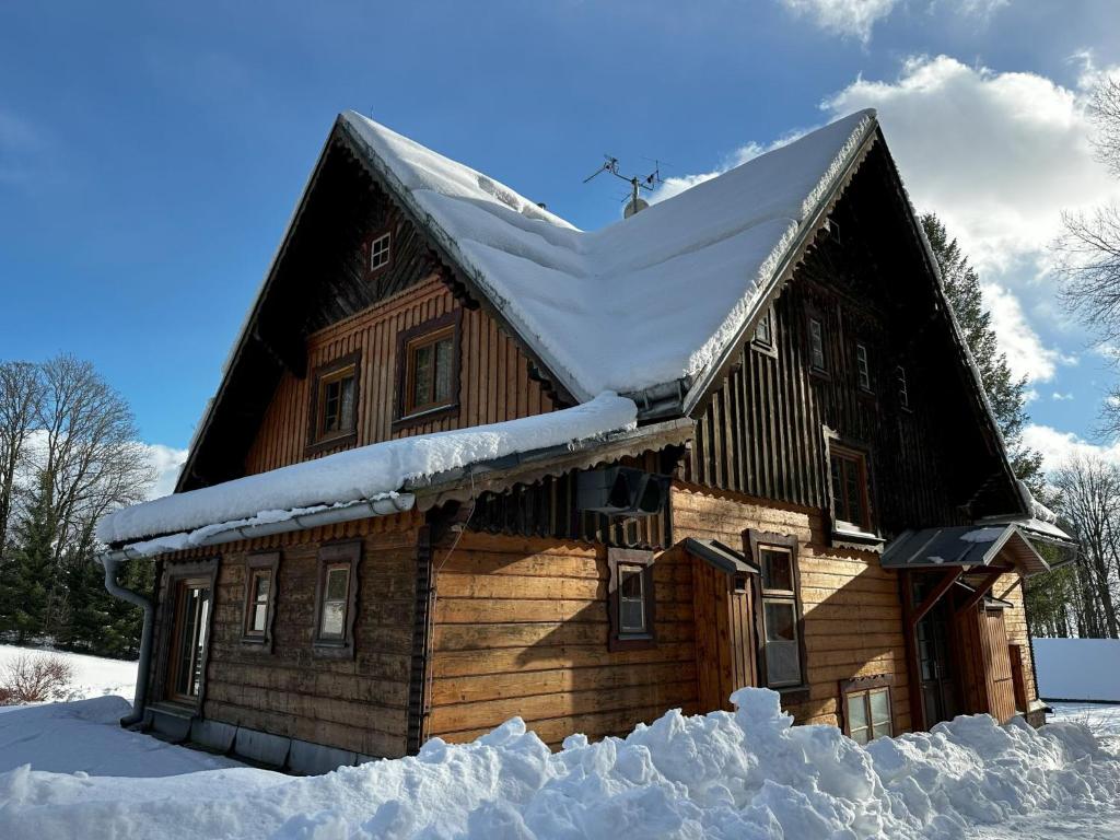 a log cabin with snow on the roof at Chalet Krakonoš by Interhome in Mladé Buky