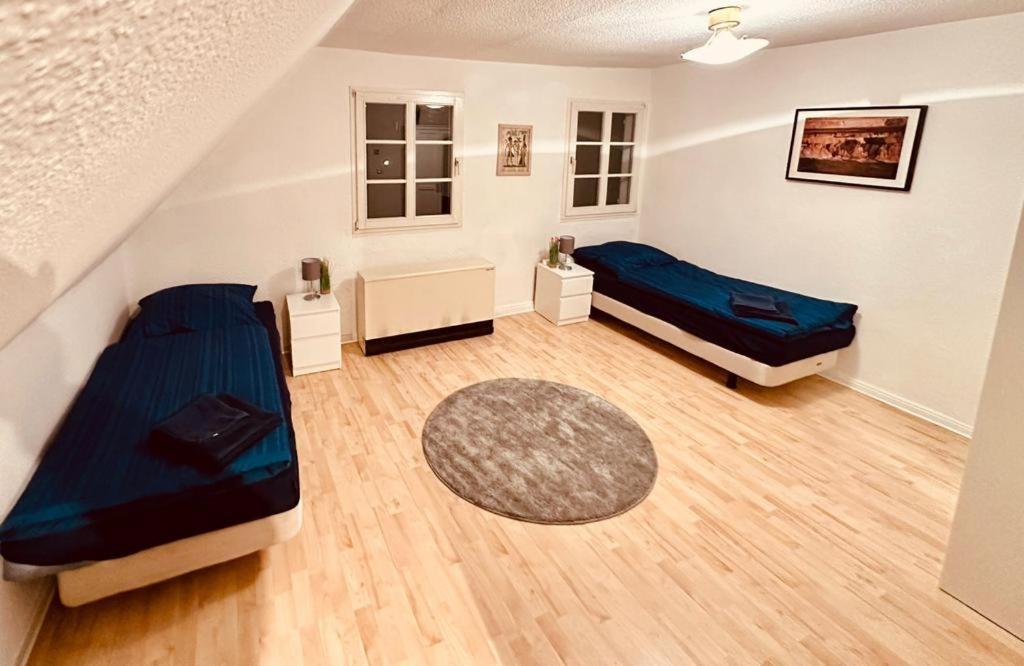 ein Wohnzimmer mit 2 Betten und einem Teppich in der Unterkunft Gästehaus zum Alten Feilenhauer in Remscheid
