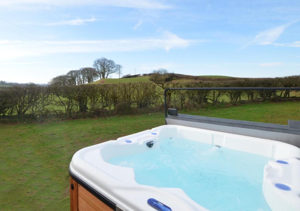a bath tub with a view of a field at Oak View in Llanddeusant