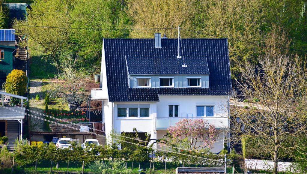 una casa blanca con techo negro en Green Bambus Wohnung en Murrhardt