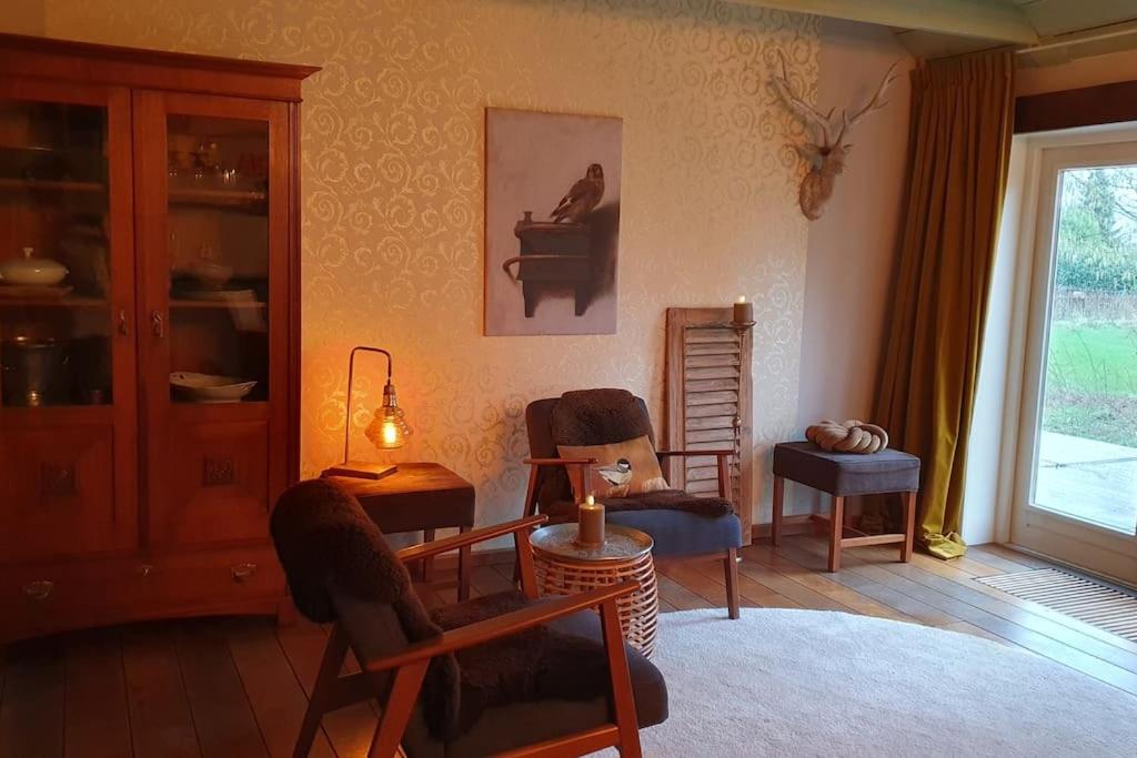 Landelijk gelegen appartement met eigen ingang في Nieuwediep: غرفة معيشة مع كراسي هزاز ونافذة