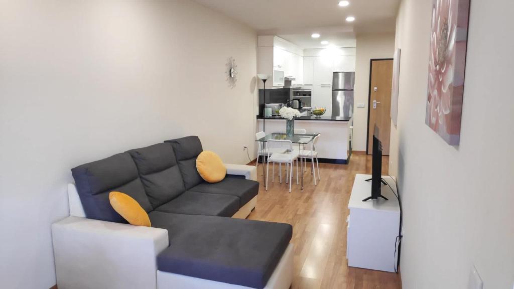 ein Wohnzimmer mit einem Sofa und einer Küche in der Unterkunft Porta 116 - Free Private Parking in Vila Real