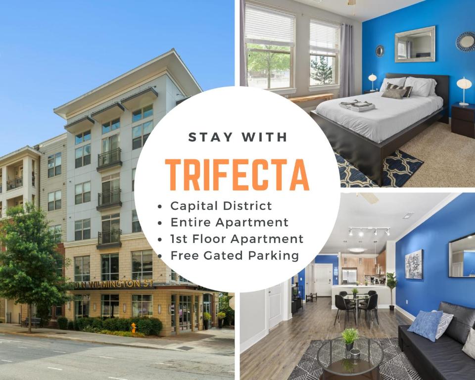 eine Zusammenfassung der Fotos eines Hotelzimmers mit den Worten: Bleiben Sie mit Tricity in der Unterkunft City Living in Downtown Raleigh Luxury Apt 1 in Raleigh