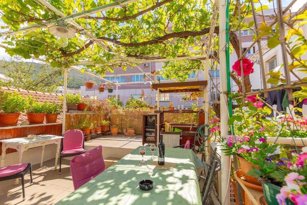 a greenhouse with a table and chairs and potted plants at Studio Ibis in Dubrovnik