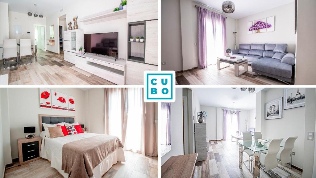 a collage of photos of a bedroom and a living room at Cubo's Urban Suite Town Centre in Alhaurín el Grande