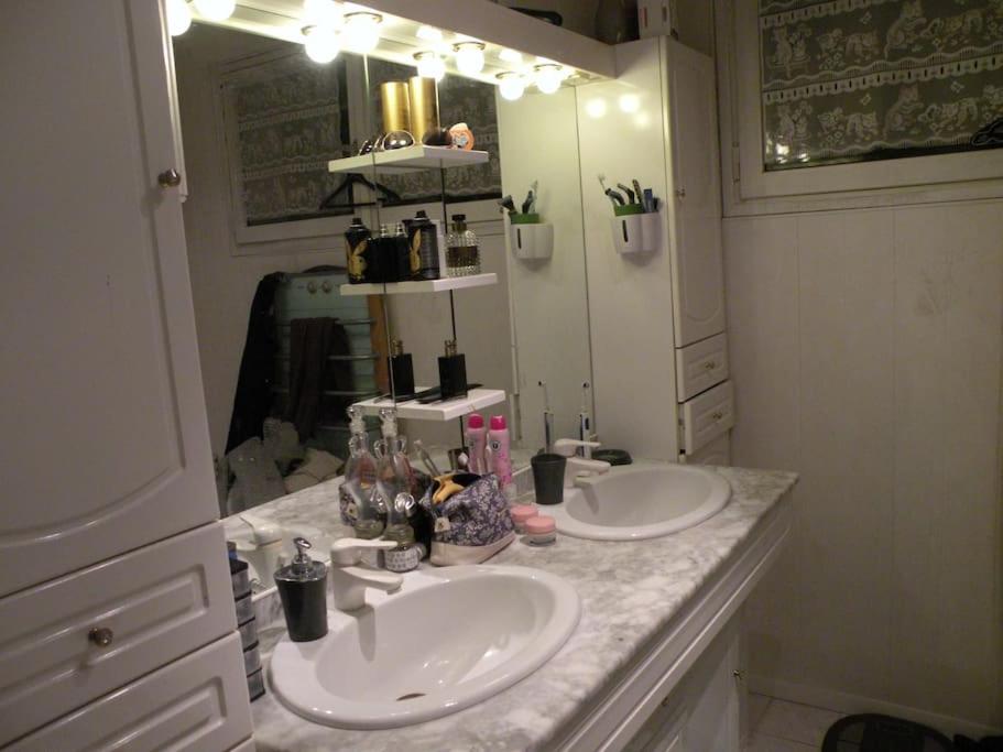 łazienka z 2 umywalkami i dużym lustrem w obiekcie Olympic site Elancourt period Whole house w mieście Élancourt