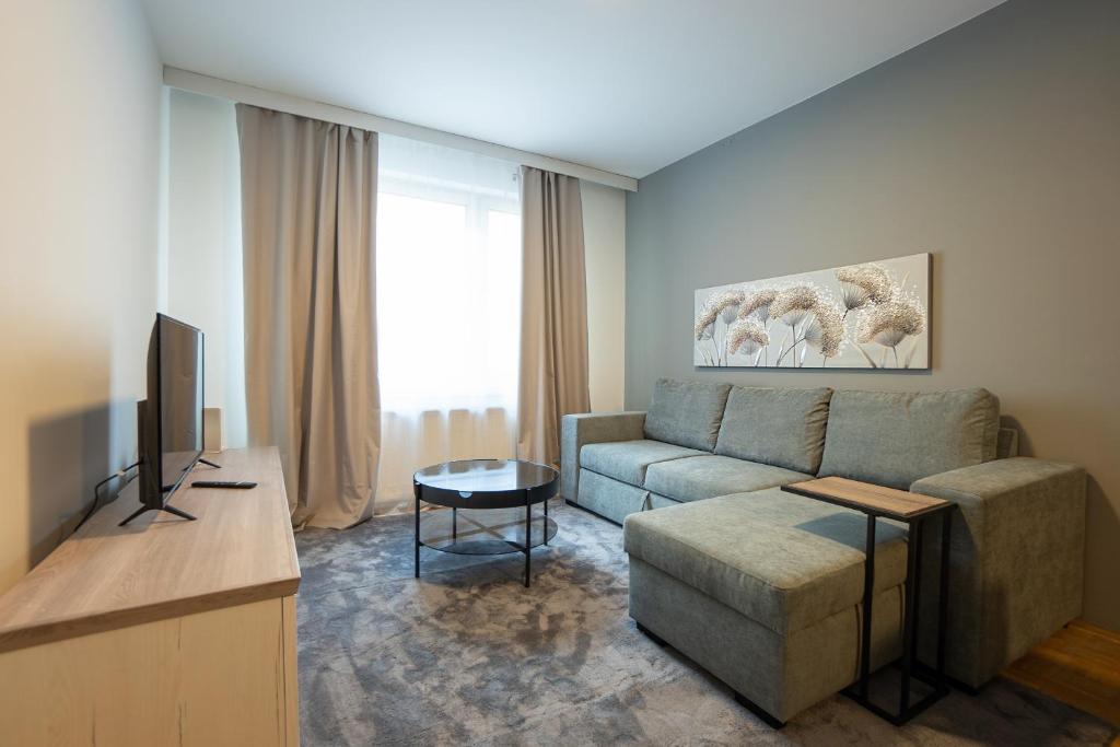 een woonkamer met een bank en een tv bij A spacious 3-bedroom apartment with king-size beds is located within 5 minute’s walk from the Prater in Wenen