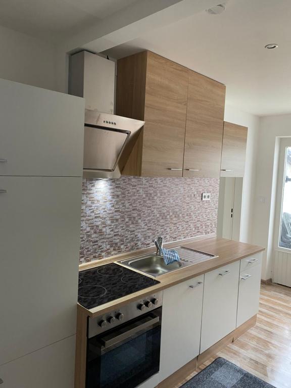 a kitchen with a sink and a stove top oven at Ferienwohnung Horst 2 in Nordenham
