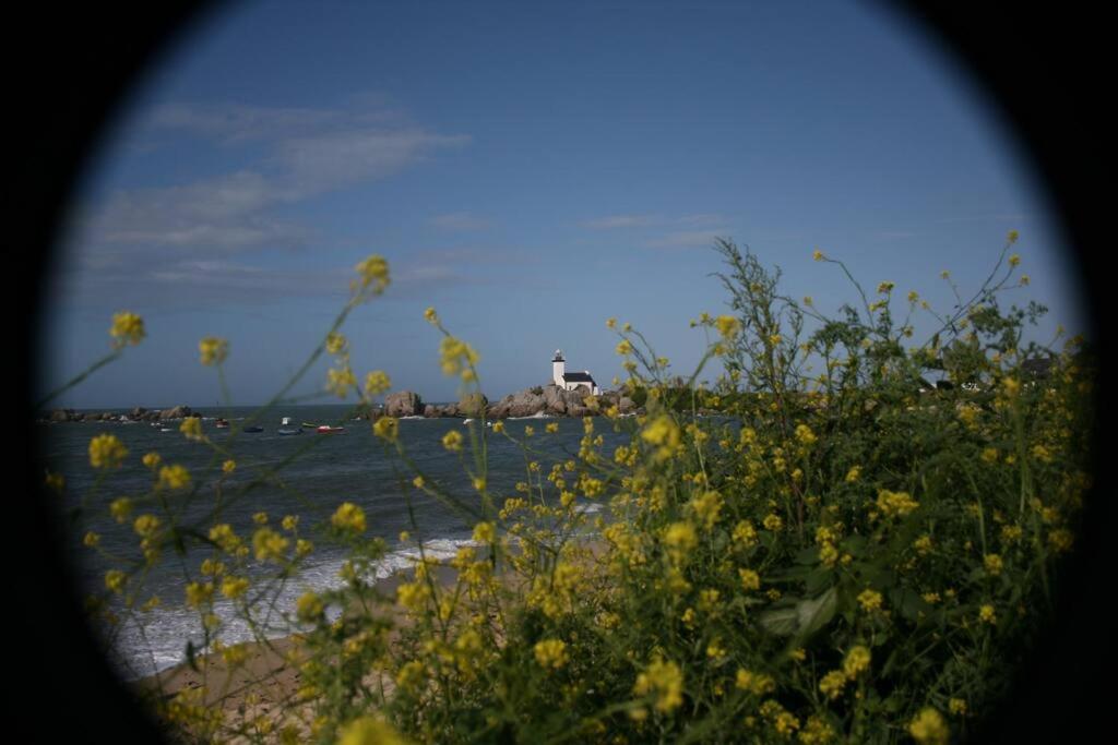 a view of the ocean with a lighthouse and flowers at Kerletty, la mer, les embruns, à 250 m des plages in Plouguerneau