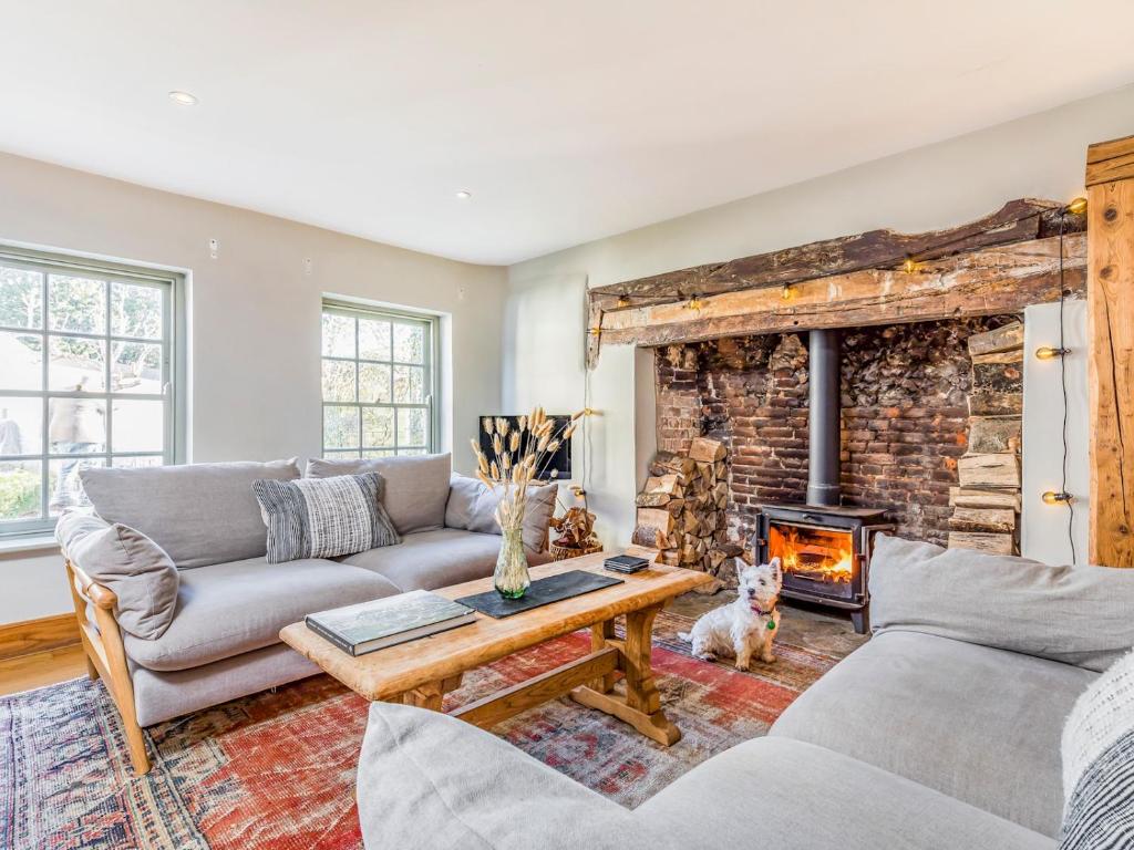 a living room with a couch and a fireplace at Charming Downland Cottage - Pass the Keys in Chichester