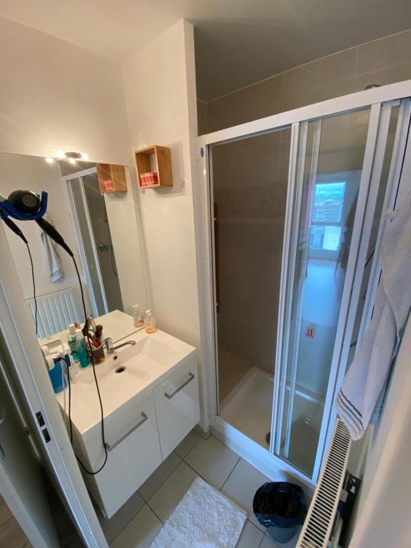 La salle de bains est pourvue d'une douche et d'un lavabo. dans l'établissement Super chambre avec bureau, à Courcouronnes