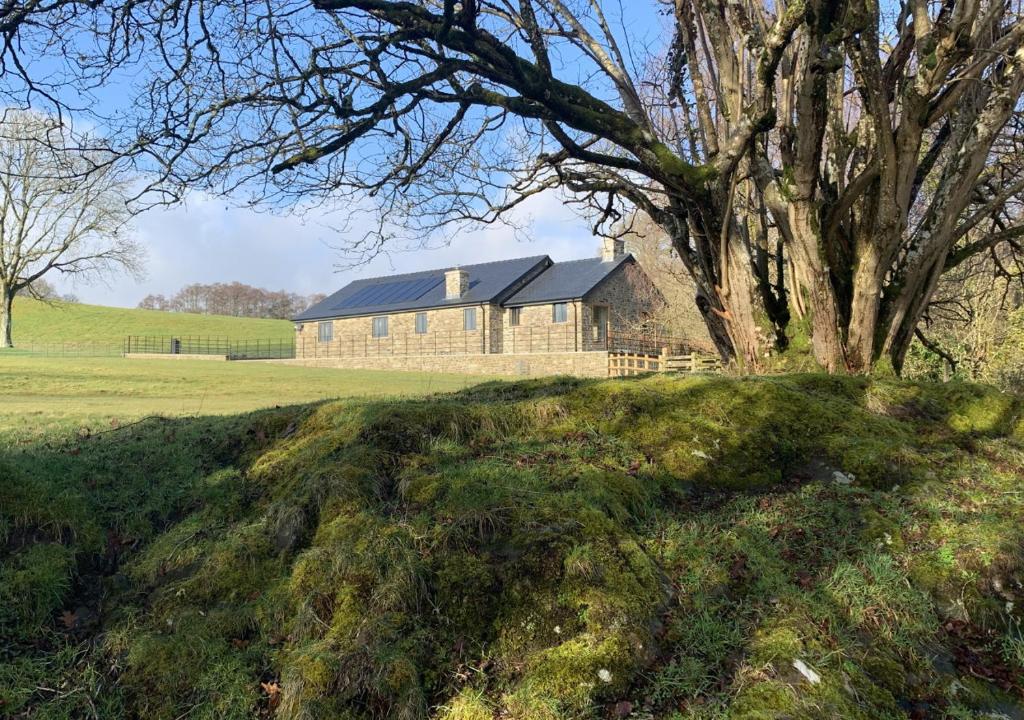 a large house in a field with a tree at Rocks Cottage in Builth Wells