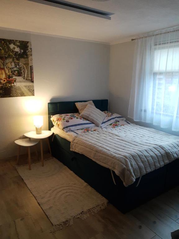 een slaapkamer met een bed met een tafel en een raam bij APARTAMENT z aneksem kuchennym BARBARKI in Solina