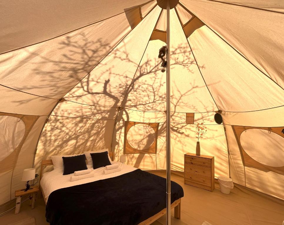 - une chambre avec un lit dans une tente dans l'établissement Flore's Garden Glamping, à Bran