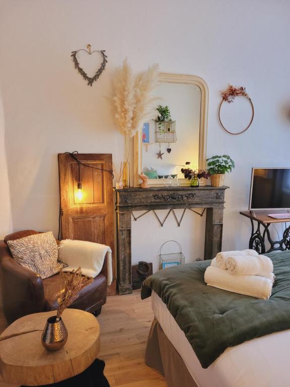 Una sala de estar con un sofá y una chimenea. en -Coeur historique -My Little Garden - Parking gratuit 500m -La Clef de Honfleur, en Honfleur