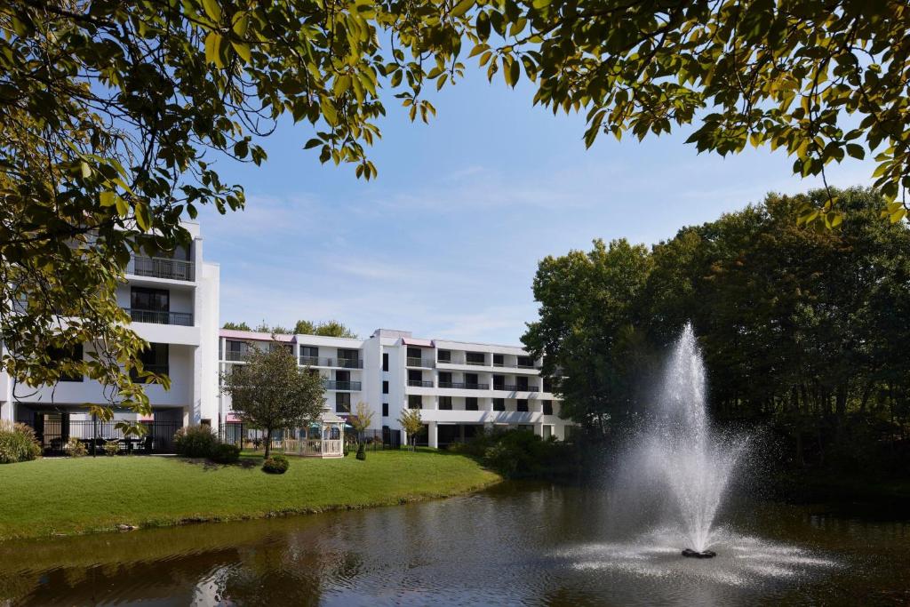 einen Brunnen in einem Teich vor einem Gebäude in der Unterkunft Marriott Park Ridge in Park Ridge