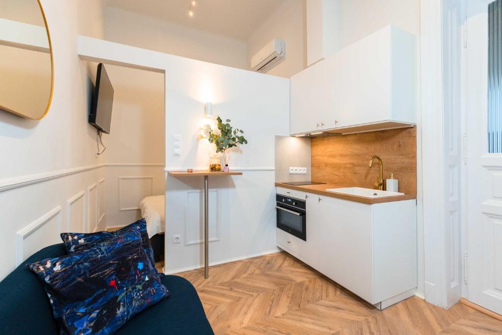 una pequeña cocina con fregadero y un sofá en una habitación en Charming studio - in the downtown, en Budapest