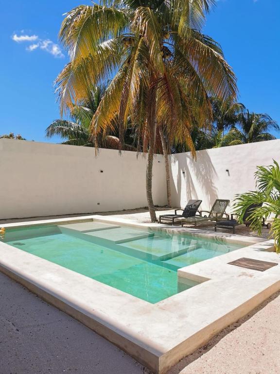 a swimming pool with two chairs and a palm tree at Departamento de playa con Alberca in Telchac Puerto