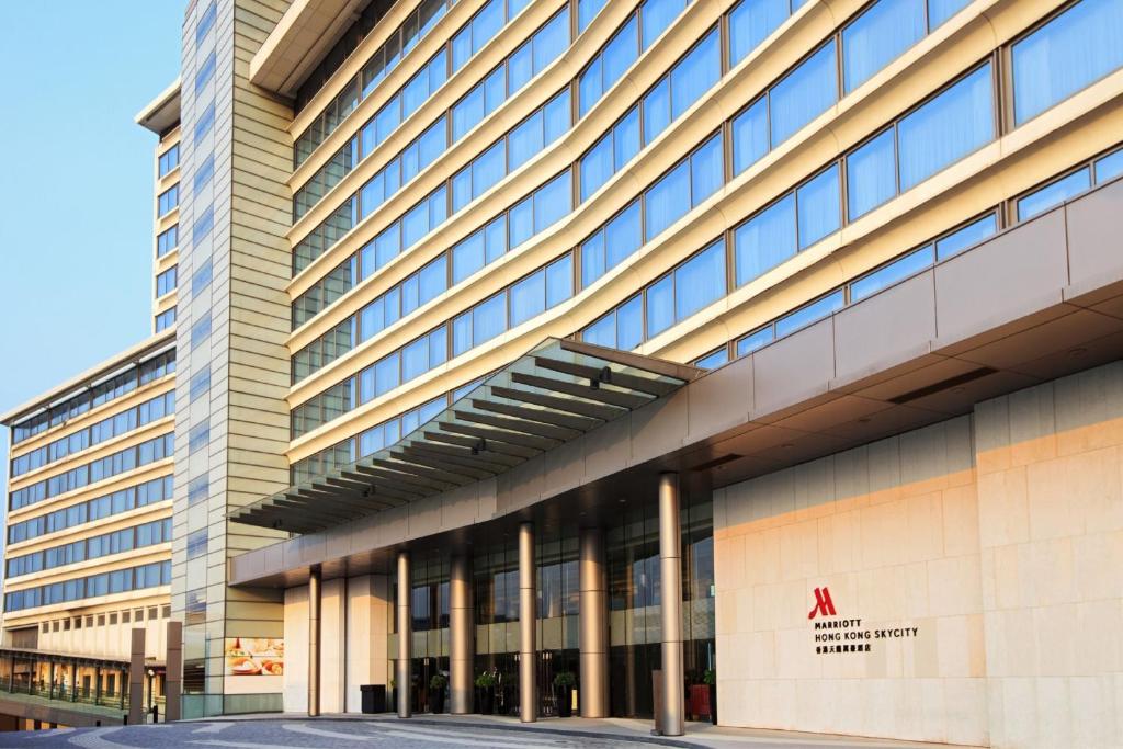 a large building with aania on the side of it at Hong Kong SkyCity Marriott Hotel in Hong Kong