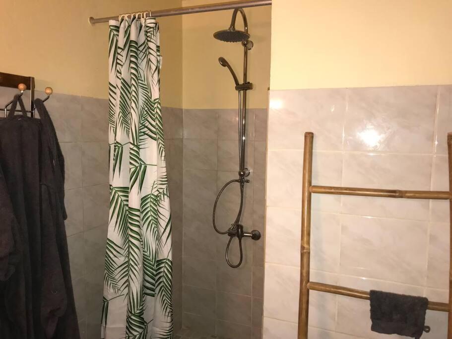 a shower with a shower curtain in a bathroom at Villa Red Palmer -sauna jacuzzi in Gros-Morne