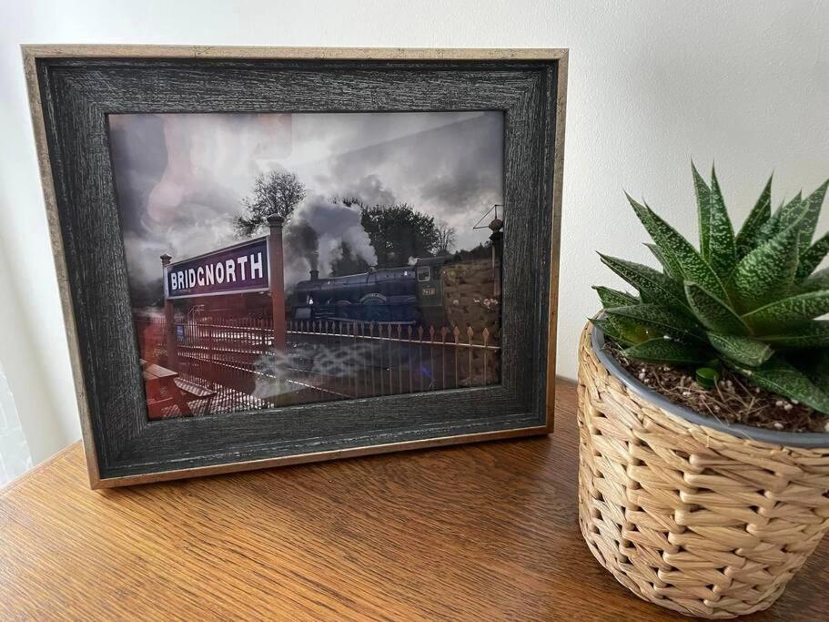 a picture of a train in a frame next to a plant at The Railway Cottage Bridgnorth in Bridgnorth