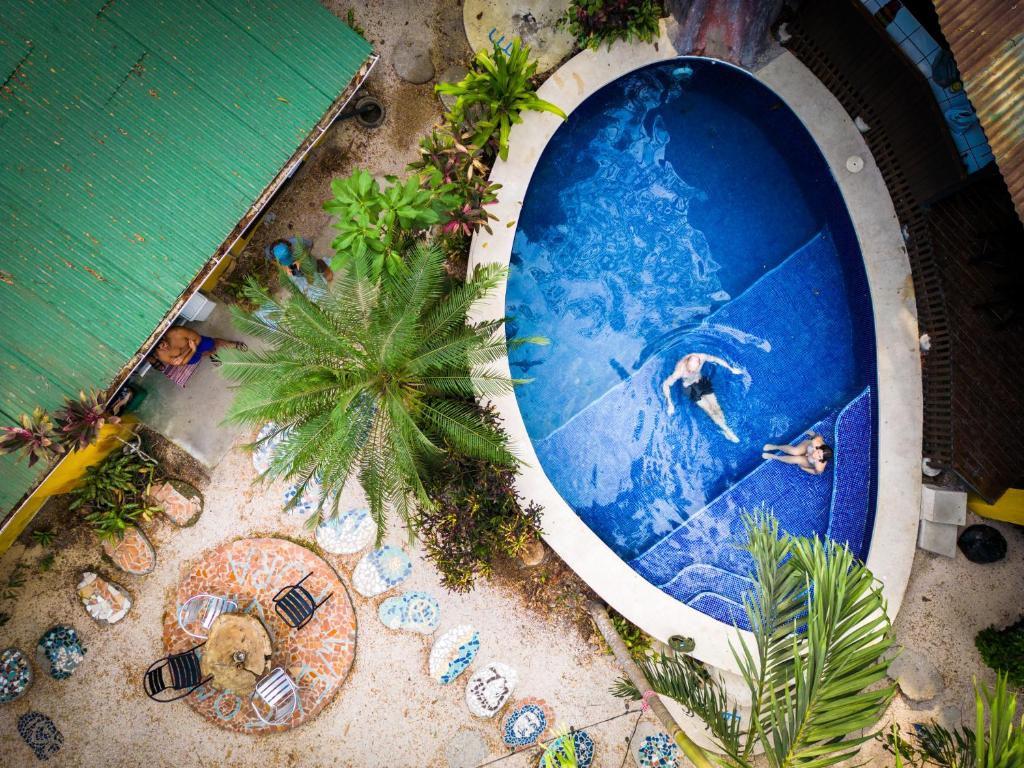 an overhead view of a swimming pool with people in it at Pura Vida Mini Hostel Santa Teresa in Santa Teresa Beach