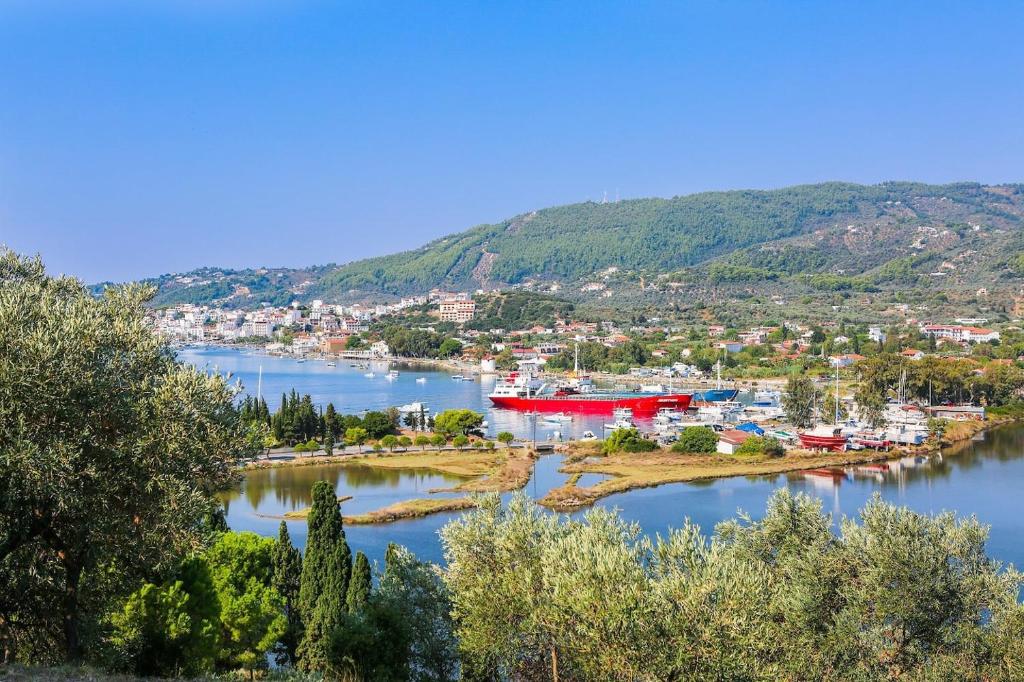 a view of a small town on a lake at Skiathos Seaview Villa with Pool in Punta