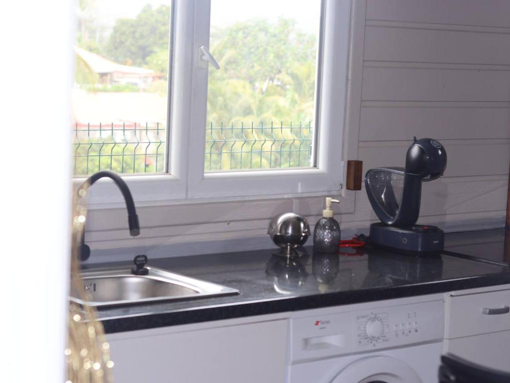 a kitchen counter with a sink and a window at Palmier bungalow- piscine in Gros-Morne