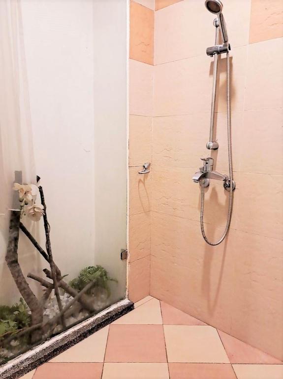 a shower in a bathroom with a plant at 水社海民宿 in Yuchi