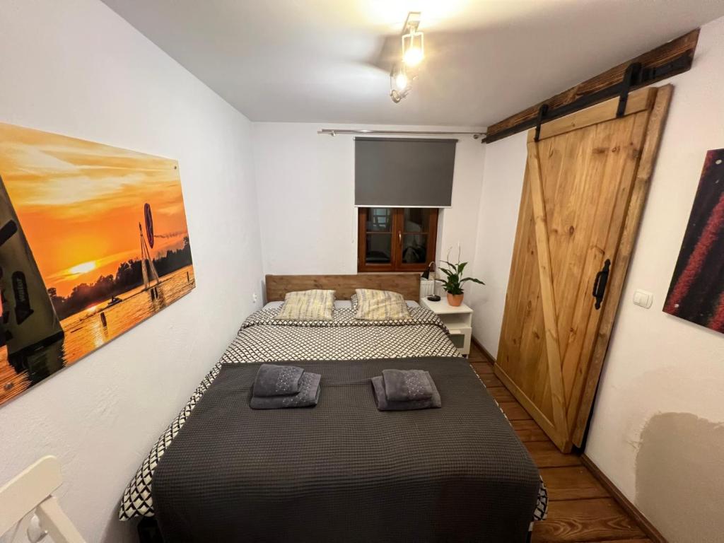 Schlafzimmer mit einem Bett und einer Holztür in der Unterkunft WINNICA 34 nad Wisłą 1 in Toruń