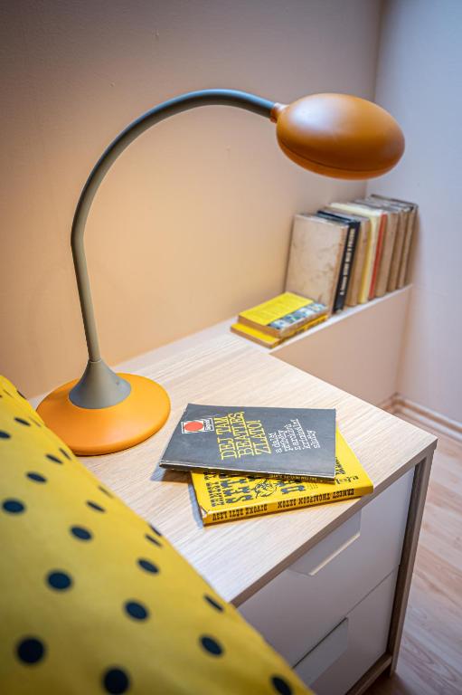 a desk with a lamp and a book on it at Vila Lumír in Poděbrady