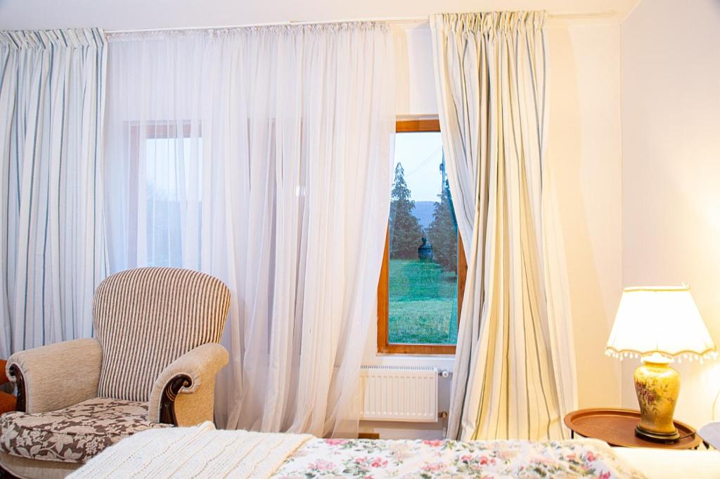 ein Schlafzimmer mit einem Bett, einem Stuhl und einem Fenster in der Unterkunft Casuta-Lacului in Unciuc