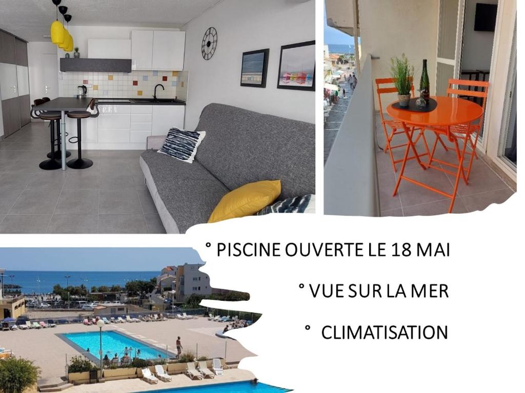 een collage van drie foto's van een keuken en een woonkamer bij Charme Du Cap D'Agde in Cap d'Agde