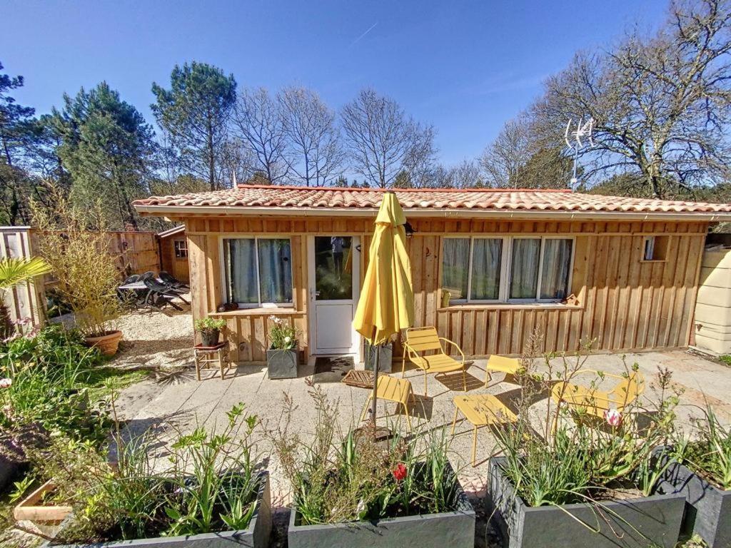 a wooden cabin with a patio and an umbrella at le nichoir classé 3 étoiles maison 4pers climatisée 2pieces Audenge Bassin d'Arcachon in Audenge