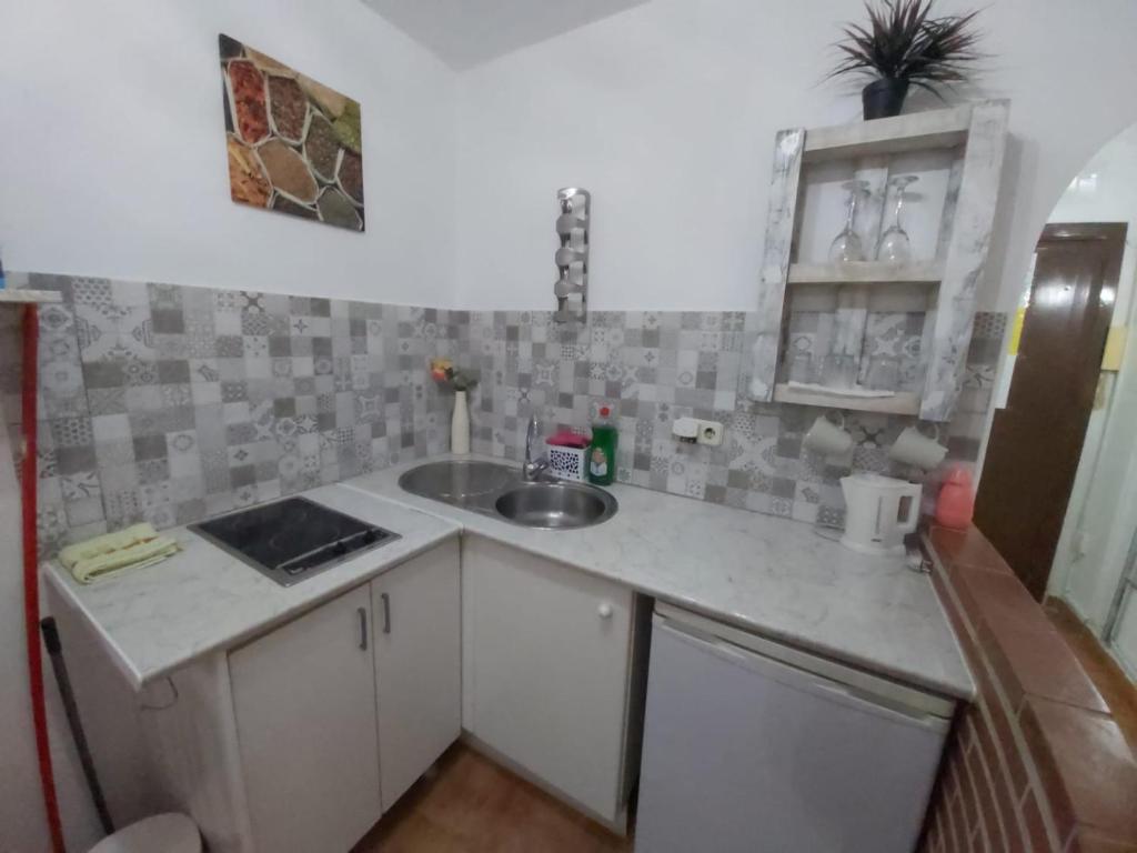 una pequeña cocina con fregadero y encimera en Alemar I, en Fuengirola